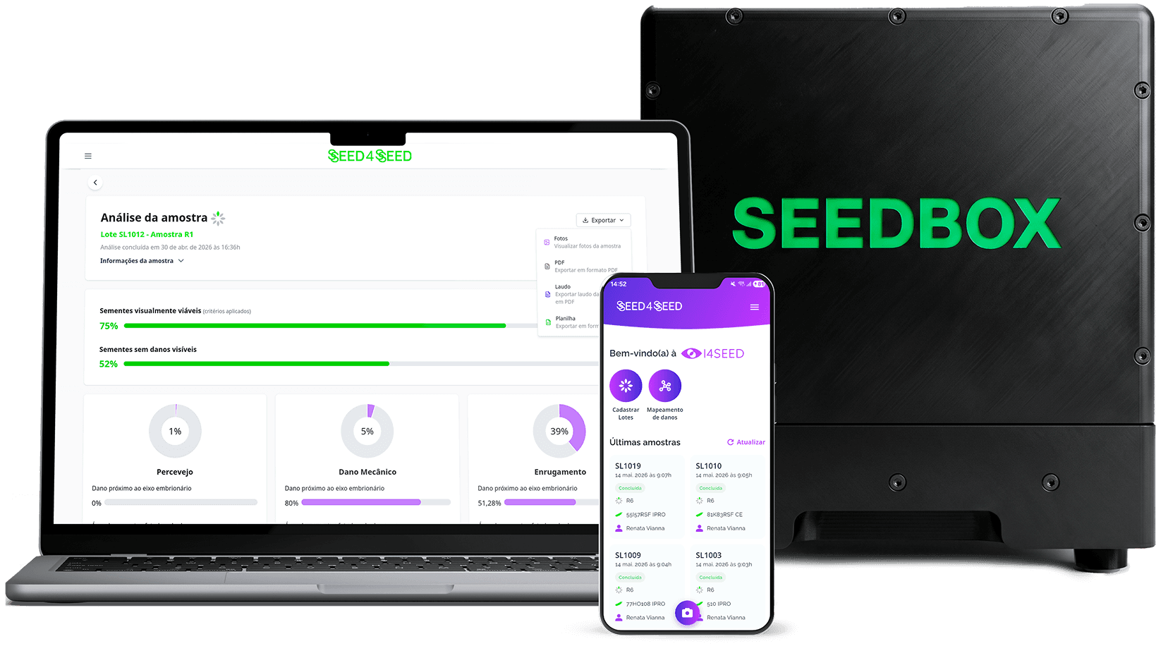Telas de demonstração do aplicativo I4SEED em um laptop e um smartphone e a SEEDBOX, um dispositivo de captura de imagens da SEED4SEED